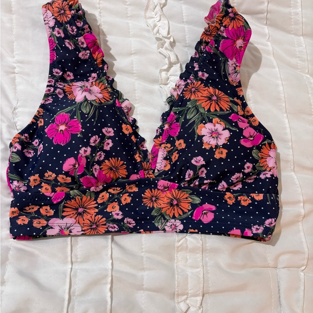 Shade & Shore Womens Small Navy Blue Floral Ruffle Strap Bikini Top
